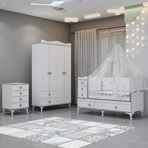 Garaj Home Alya Gri Yıldız 4 Komodin Bebek Odası - Yatak Uyku Seti Kombinli-Uyku Seti-Beyaz