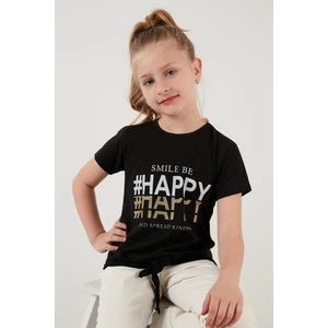 Pamuklu Baskılı Bağlama Detaylı Bisiklet Yaka T Shirt Kız Çocuk T Shirt 6211018