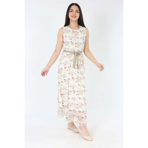 Kız Çocuk Şifon Kumaş Sıfır Kol Uzun Bel Lastikli Kemerli Elbise-ELB-0025
