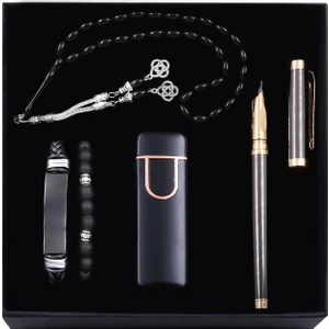 Vega Gift Shop Füme  Kalem & Siyah Rose USB Şarjlı ve Dokunmatik Çakmak & Arpa Tane Tesbih & 2'li Siyah Bileklik Hediye Seti