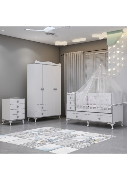 Alya Gri Yıldız 4 Komodin Bebek Odası - Yatak Uyku Seti Kombinli-Uyku Seti-Beyaz