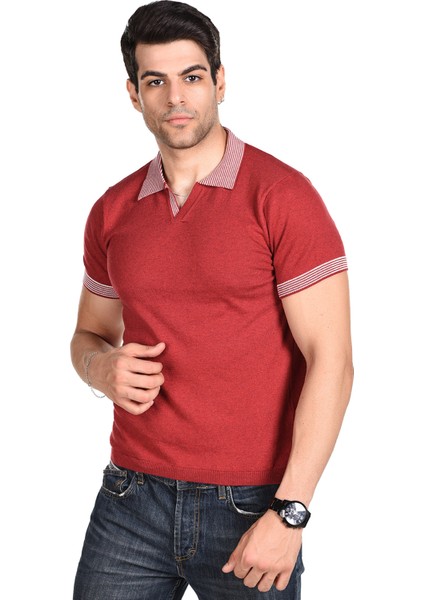 KIRMIZI Erkek Penye Pamuklu Polo Yaka Kısa Kollu Yazlık Triko
