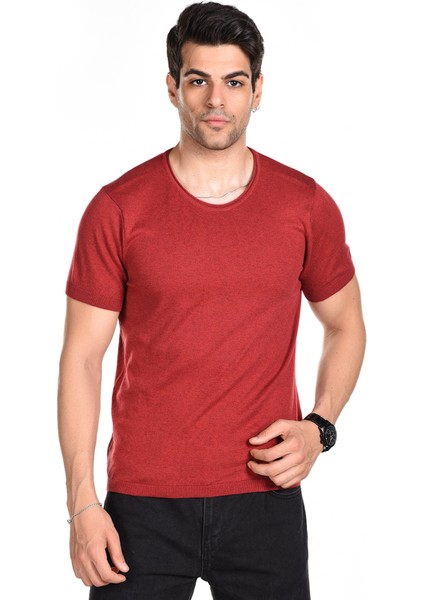 KIRMIZI Erkek Penye Pamuklu Bisiklet Yaka Kısa Kollu Yazlık Triko fiyatları