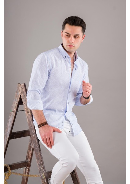 Çiçek Desenli Yaka Düğmeli Slimfit Erkek Gömlek