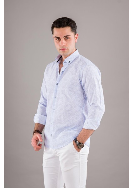 Çiçek Desenli Yaka Düğmeli Slimfit Erkek Gömlek modelleri