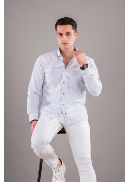 Puantiyeli Yaka Düğmeli Slimfit Erkek Gömlek