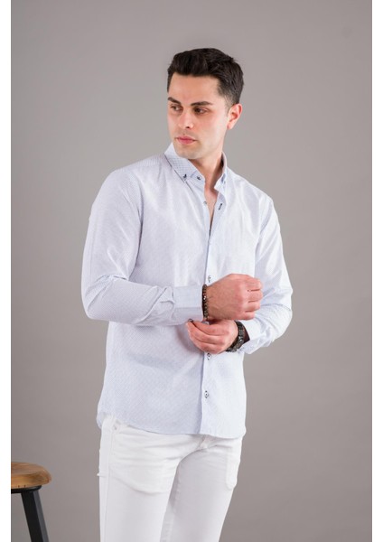 Puantiyeli Yaka Düğmeli Slimfit Erkek Gömlek modelleri