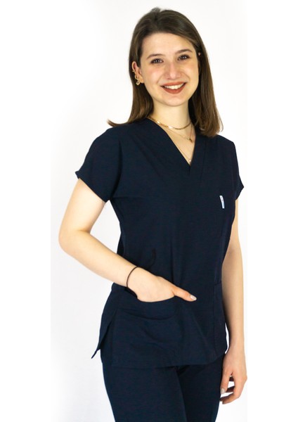Cerrahi Doktor Scrubs Hemşire Forması Lacivert Takım