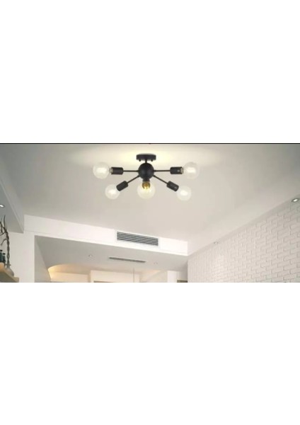 Retro Siyah Metal 6lı Dekoratif Tavan Plofyoner Avize