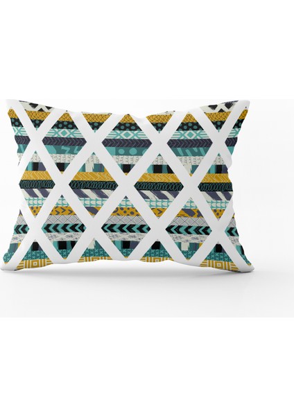 Sarı Turkuaz Desenli Kırlent Yastık Kılıfı - CGH109-3550 Çift Tarafı Baskılı