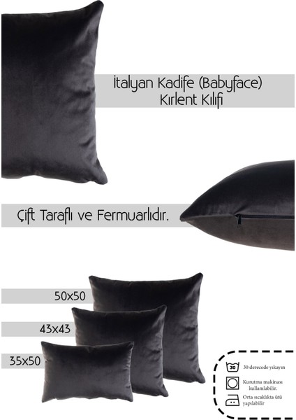 Gri Antrasit Kadife (Babyface) Çift Taraflı Kırlent Kılıfı