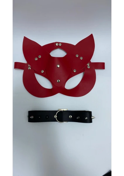 Vonda Wear 800239 - Vonda Wear | Kırmızı Deri Maske & Siyah Çivili Tasma Harness Aksesuar