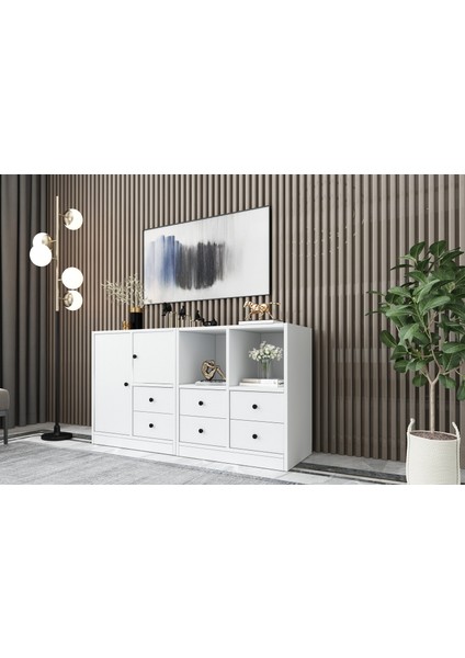 Rafli Dolapli Çekmeceli Konsol Beyaz 130 cm KNS-1045-Ç