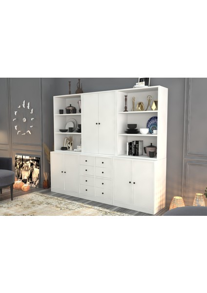Rafli Çekmeceli Dolapli Vitrin Beyaz 195 cm VTR-1082-Ç