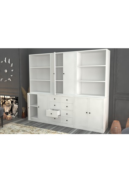 Rafli Çekmeceli Dolapli Vitrin Beyaz 195 cm VTR-1082-Ç fiyatları