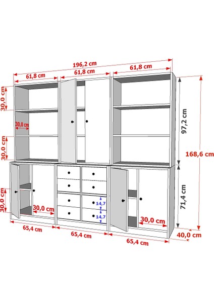 Rafli Çekmeceli Dolapli Vitrin Beyaz 195 cm VTR-1082-Ç fırsatları
