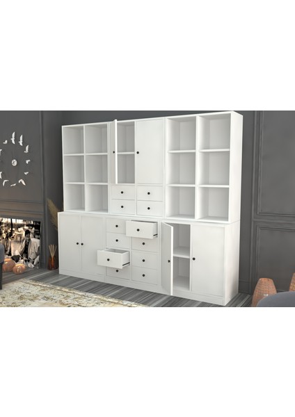 Rafli Dolapli Çekmeceli Vitrin Beyaz 196 cm VTR-1047-Ç modelleri
