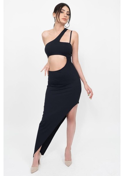 Kadın Siyah Tek Omuz Dekolteli Yırtmaçlı Asimetrik Elbise