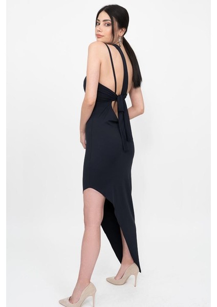 Kadın Siyah Tek Omuz Dekolteli Yırtmaçlı Asimetrik Elbise fiyatları