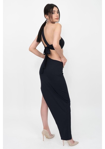 Kadın Siyah Tek Omuz Dekolteli Yırtmaçlı Asimetrik Elbise modelleri