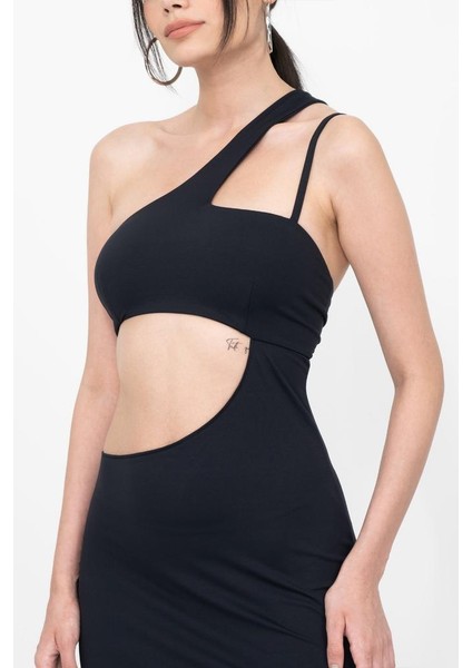 Kadın Siyah Tek Omuz Dekolteli Yırtmaçlı Asimetrik Elbise indirimleri