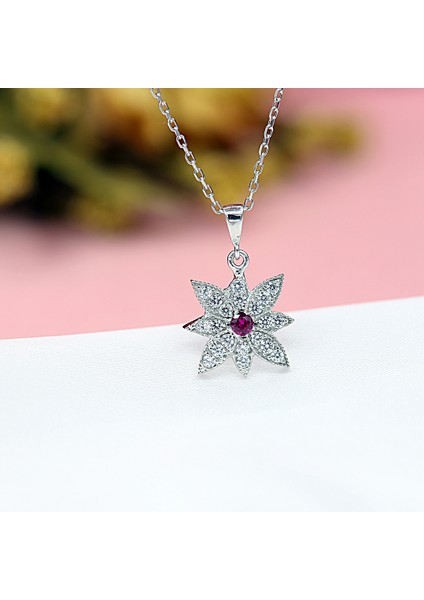 Kırmızı Beyaz Taşlı Kutup Yıldızı Gümüş Kolye