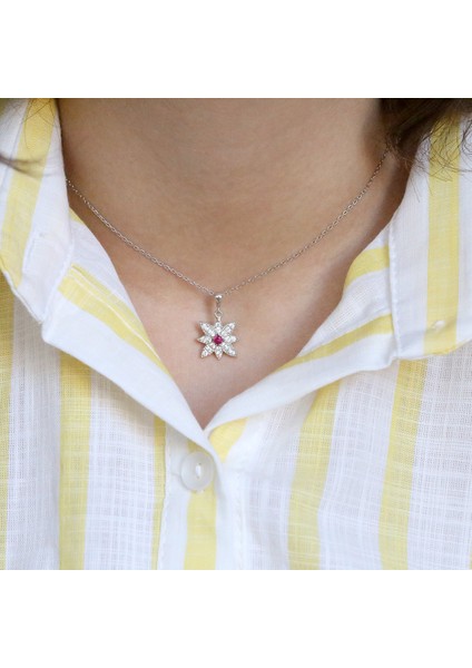 Kırmızı Beyaz Taşlı Kutup Yıldızı Gümüş Kolye fiyatları