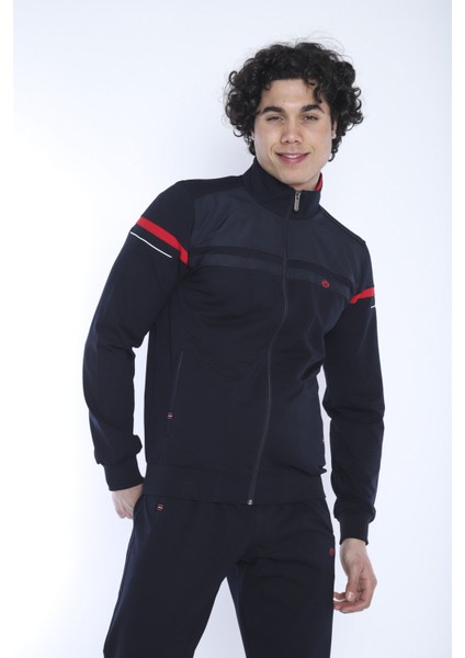 Erkek Spor, 4 Cepli, Dik Yaka, 4 Mevsim, Süper 2 İplik Lacivert-Kırmızı Eşofman Takımı - 5876