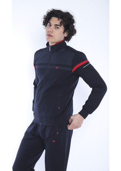 Erkek Spor, 4 Cepli, Dik Yaka, 4 Mevsim, Süper 2 İplik Lacivert-Kırmızı Eşofman Takımı - 5876