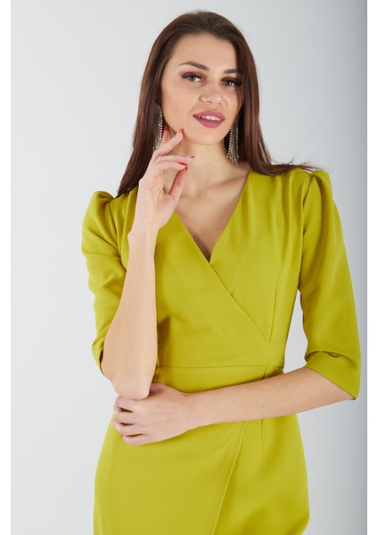 Fıstık Kruvaze Yaka Midi Boy Krep Elbise 0104010.22 modelleri
