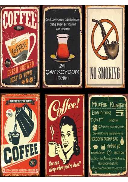 Kahve Çay Mutfak 6lı Retro Ahşap Poster Seti