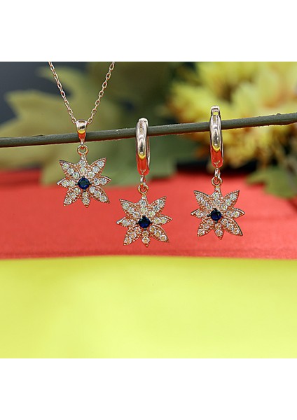 Lacivert Beyaz Taşlı Kutup Yıldızı Kolye Küpe Takım