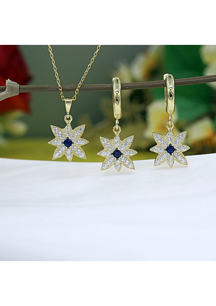 Lacivert Beyaz Taşlı Kutup Yıldızı Kolye Küpe Takım