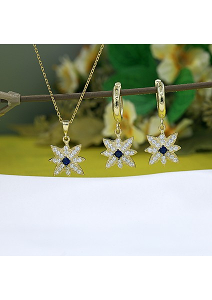 Lacivert Beyaz Taşlı Kutup Yıldızı Kolye Küpe Takım indirimleri
