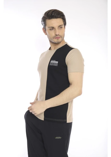 Erkek Spor, ABD Pike İnterlok 1. Kalite Kumaş Koyu Bej Slimfit Bisiklet Yaka T-Shirt - 0895