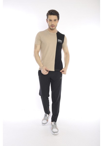 Erkek Spor, ABD Pike İnterlok 1. Kalite Kumaş Koyu Bej Slimfit Bisiklet Yaka T-Shirt - 0895