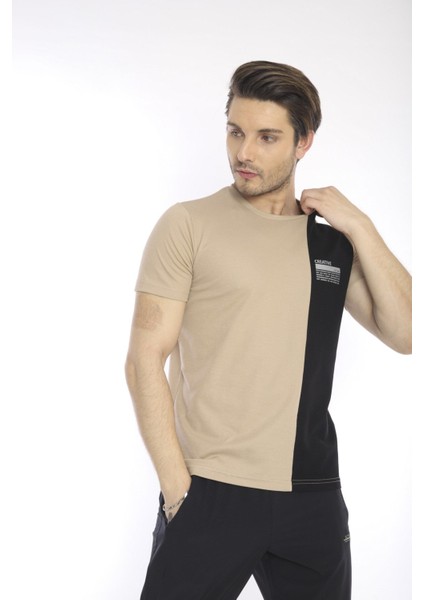 Erkek Spor, ABD Pike İnterlok 1. Kalite Kumaş Koyu Bej Slimfit Bisiklet Yaka T-Shirt - 0895