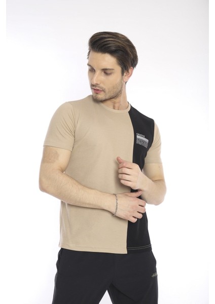 Erkek Spor, ABD Pike İnterlok 1. Kalite Kumaş Koyu Bej Slimfit Bisiklet Yaka T-Shirt - 0895