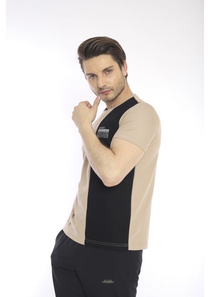 Erkek Spor, ABD Pike İnterlok 1. Kalite Kumaş Koyu Bej Slimfit Bisiklet Yaka T-Shirt - 0895