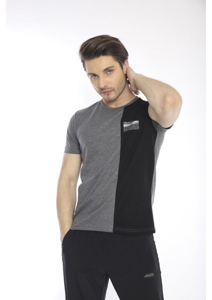 Erkek Spor, ABD Pike İnterlok 1. Kalite Kumaş Koyu Gri Melanj Slimfit Bisiklet Yaka T-Shirt - 0895