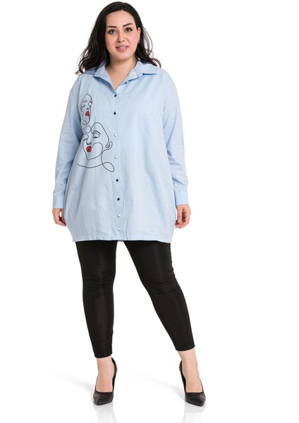 Büyük Beden Kadın Silüeti Baskılı Yarım Balon Kalıp Eteği Dikişli Bebe Mavi Gömlek