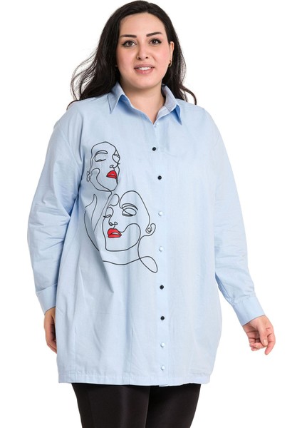 Büyük Beden Kadın Silüeti Baskılı Yarım Balon Kalıp Eteği Dikişli Bebe Mavi Gömlek fiyatları