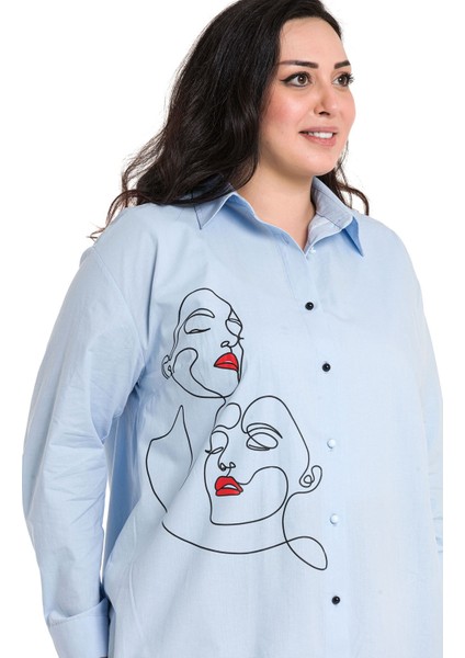 Büyük Beden Kadın Silüeti Baskılı Yarım Balon Kalıp Eteği Dikişli Bebe Mavi Gömlek indirimleri