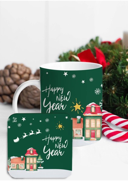 Yılbaşı Geyik Rudolf Bardak Altlıklı Kupa Bardak