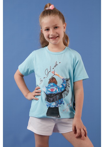 Pamuklu Baskılı Püskül Detaylı Bisiklet Yaka T Shirt Kız Çocuk T Shirt 6211020