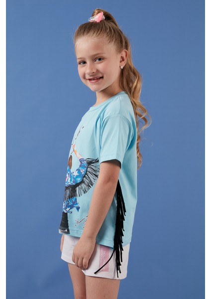 Pamuklu Baskılı Püskül Detaylı Bisiklet Yaka T Shirt Kız Çocuk T Shirt 6211020 fiyatları