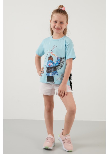 Pamuklu Baskılı Püskül Detaylı Bisiklet Yaka T Shirt Kız Çocuk T Shirt 6211020 modelleri
