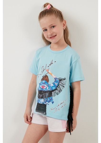 Pamuklu Baskılı Püskül Detaylı Bisiklet Yaka T Shirt Kız Çocuk T Shirt 6211020 fırsatları