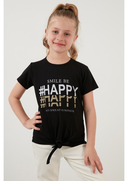 Pamuklu Baskılı Bağlama Detaylı Bisiklet Yaka T Shirt Kız Çocuk T Shirt 6211018