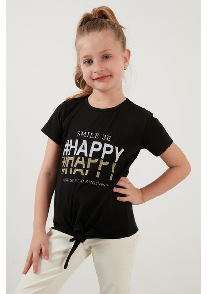 Pamuklu Baskılı Bağlama Detaylı Bisiklet Yaka T Shirt Kız Çocuk T Shirt 6211018